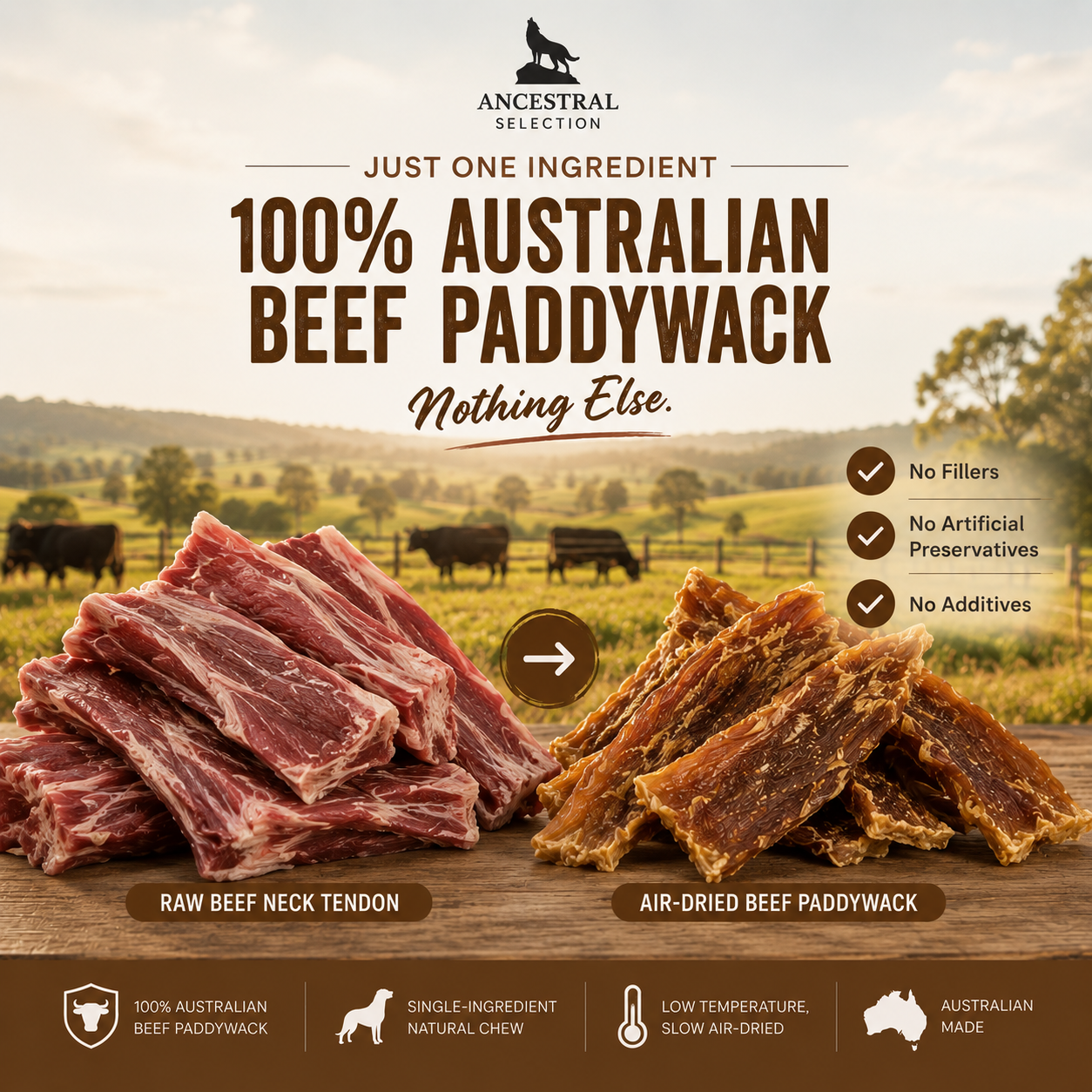 100% Australian Beef Paddywack, just one ingredient, raw to air-dried