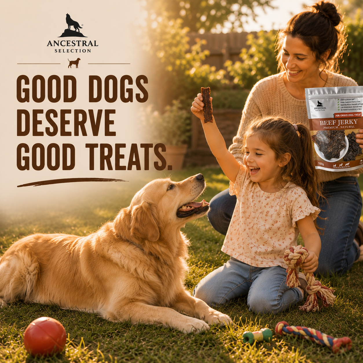Good dogs deserve good treats — family sharing Beef Jerky with their dog