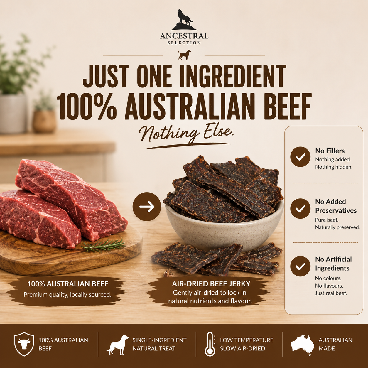 100% Australian Beef, just one ingredient, raw to air-dried jerky