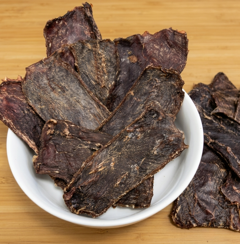 Close up of Ancestral Selection Beef Jerky air-dried dog treats