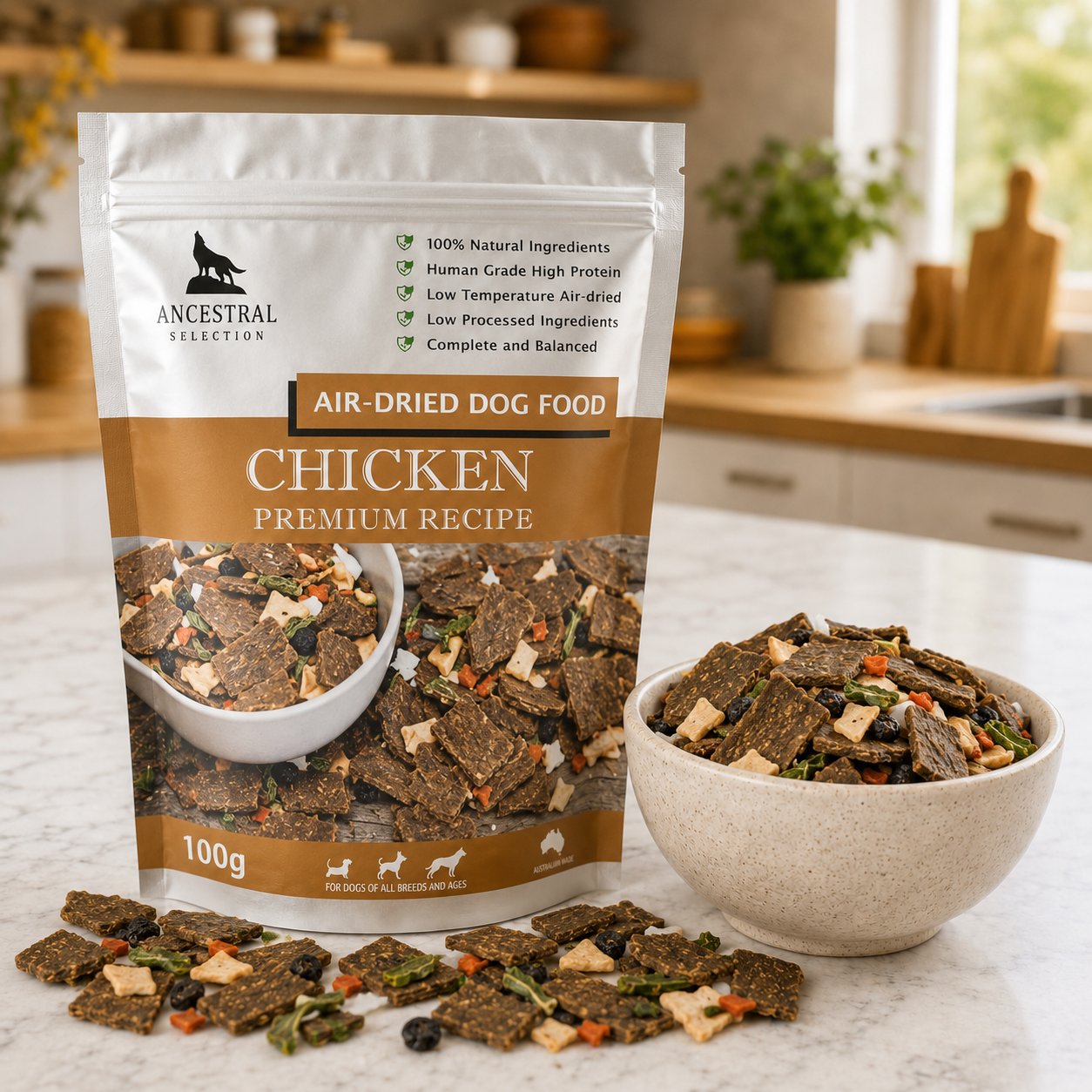 Ancestral Selection Chicken Premium Recipe air-dried dog food 100g pack with bowl