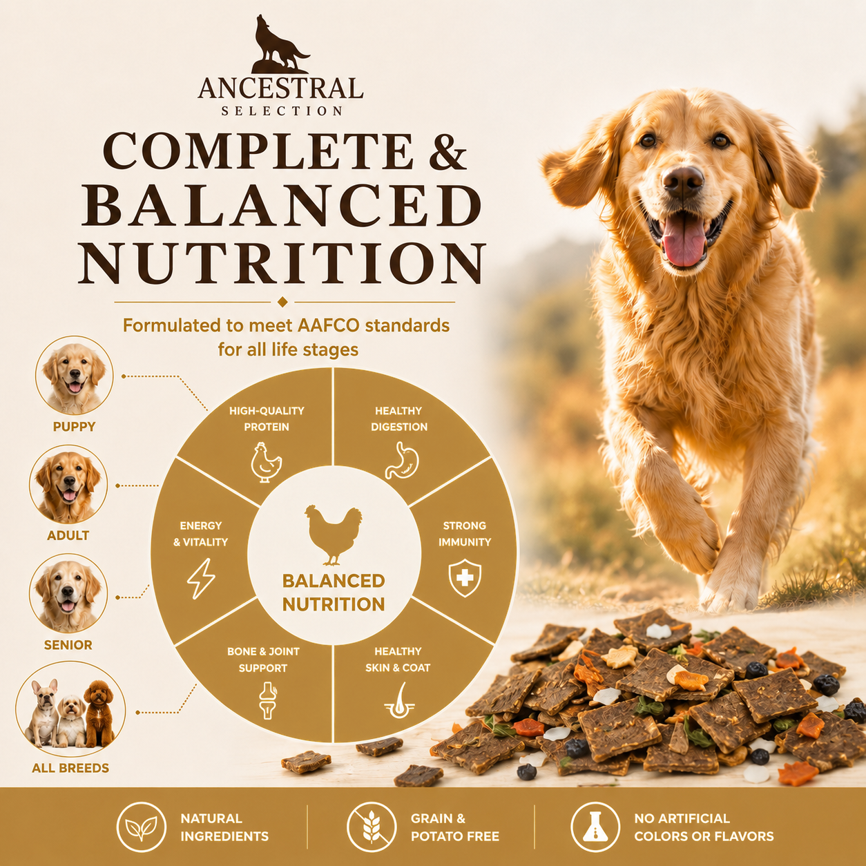Complete and balanced nutrition wheel for puppy adult senior all breeds chicken