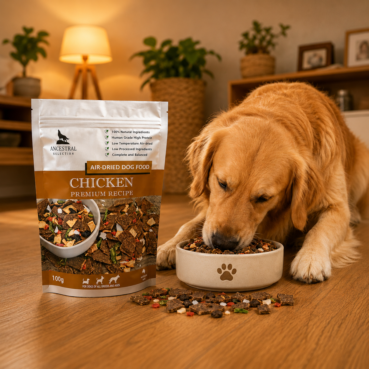 Golden retriever happily eating Chicken Ancestral Premium Recipe air-dried dog food from a bowl