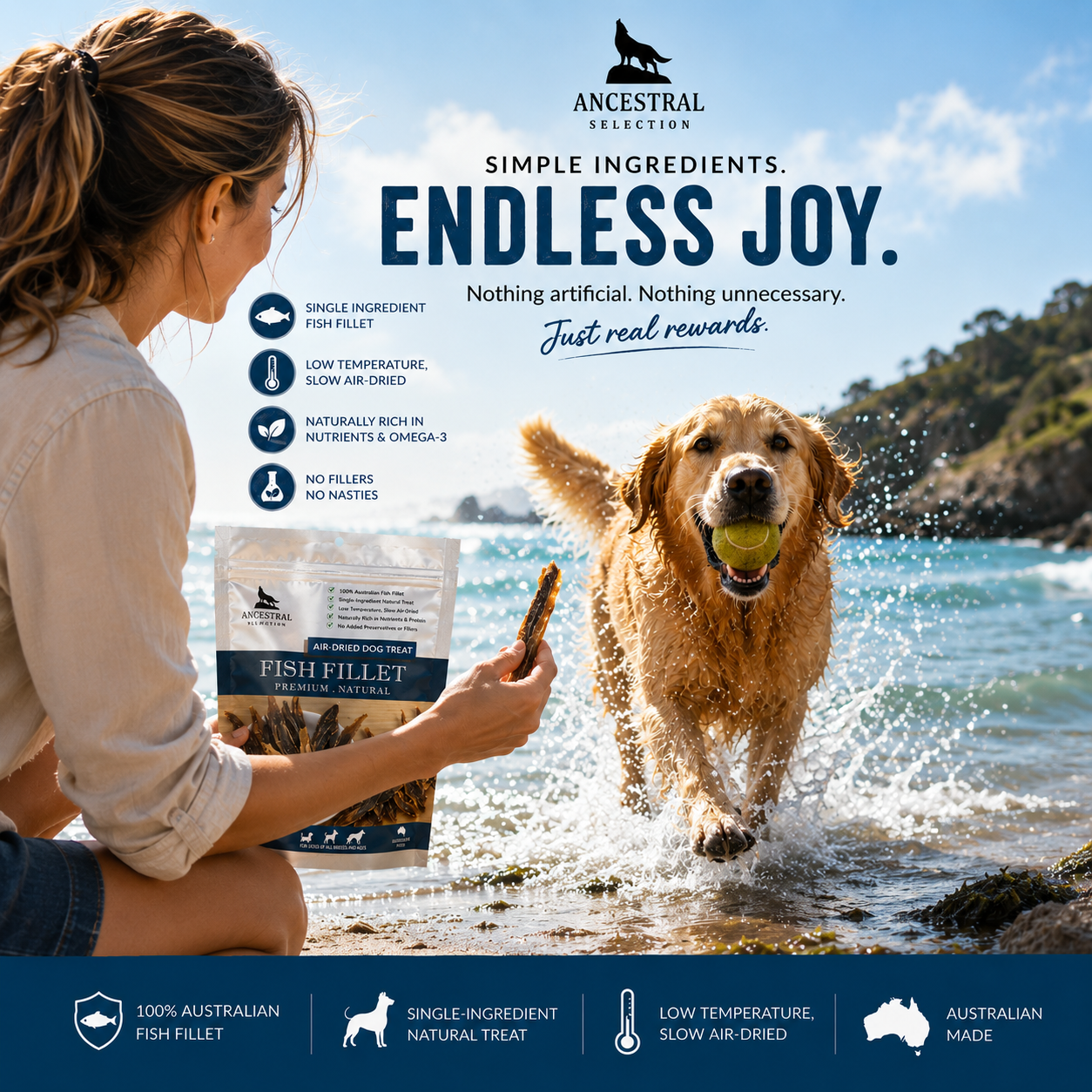 Dog enjoying Ancestral Selection Fish Fillet treats at the beach