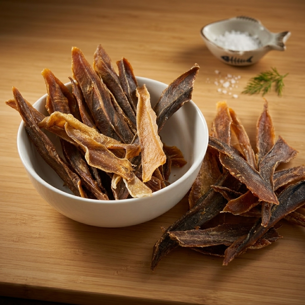 Close up of Ancestral Selection Fish Fillet air-dried dog treats in a bowl