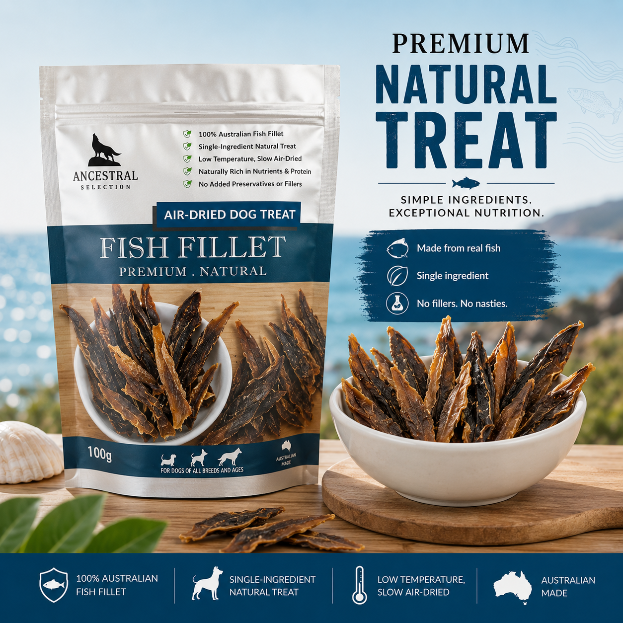 Premium Natural Treat Fish Fillet pack and bowl