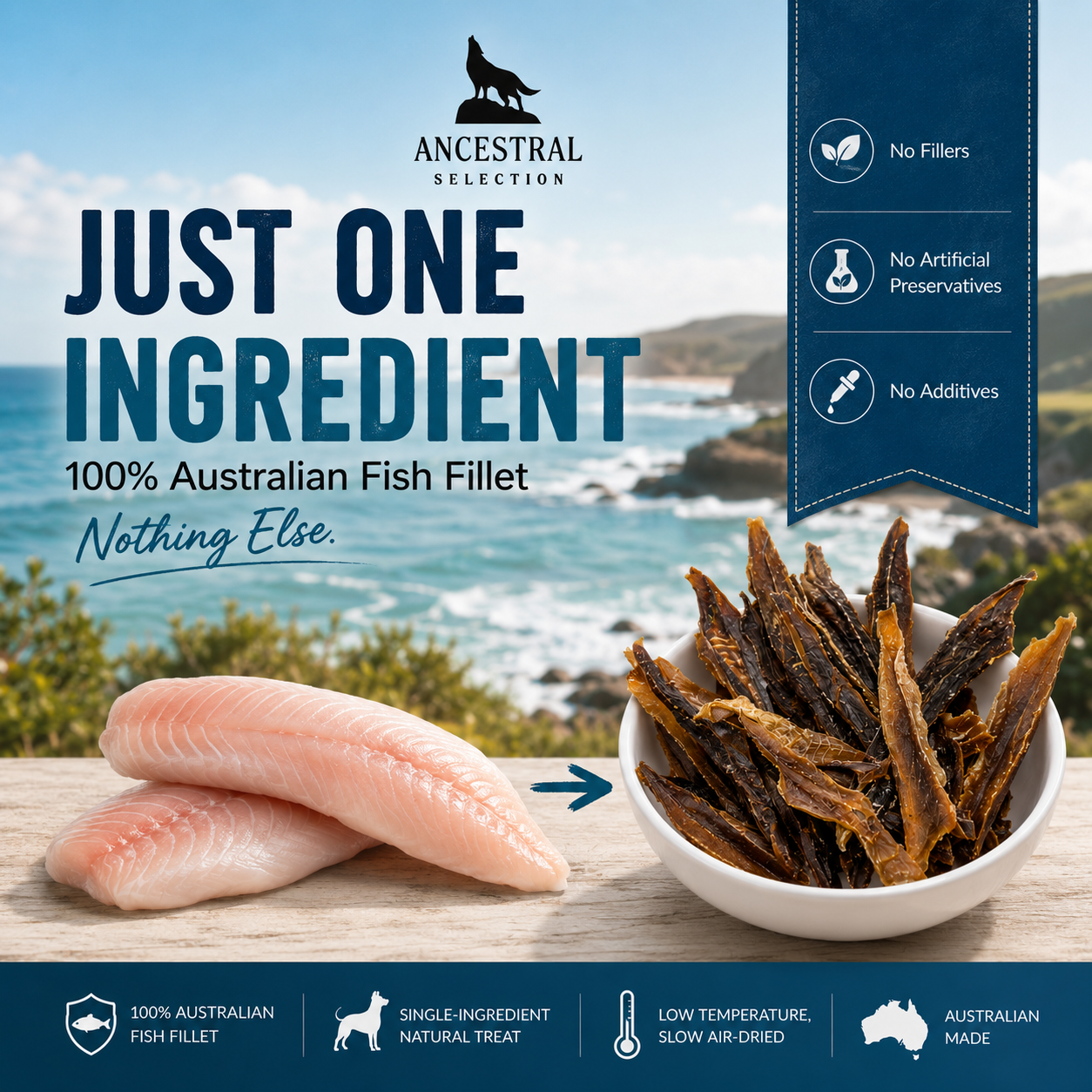 Just one ingredient, Australian fish fillet to air-dried treat