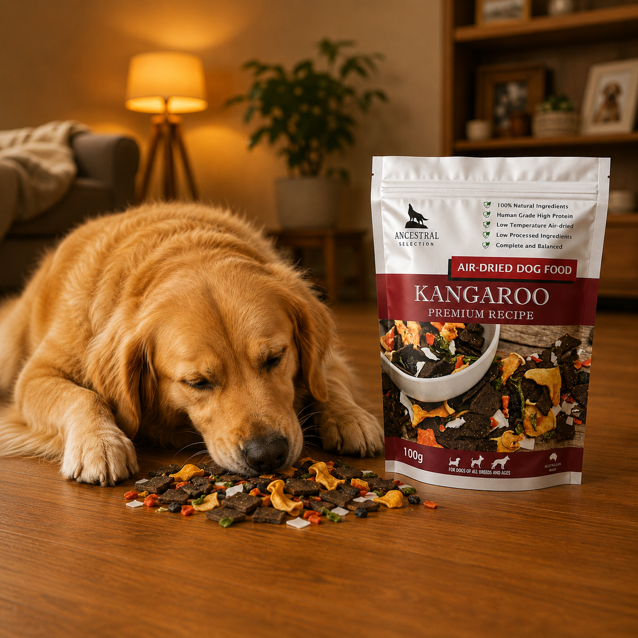 Golden retriever happily eating Kangaroo Ancestral Premium Recipe air-dried dog food from a bowl