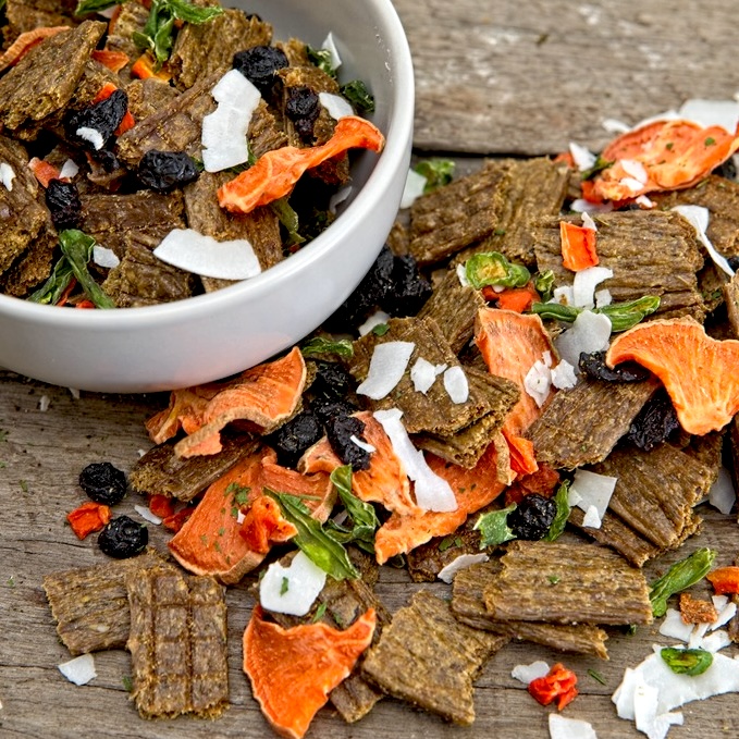 Close up of Lamb & Atlantic Salmon Ancestral Premium Recipe air-dried pieces in bowl