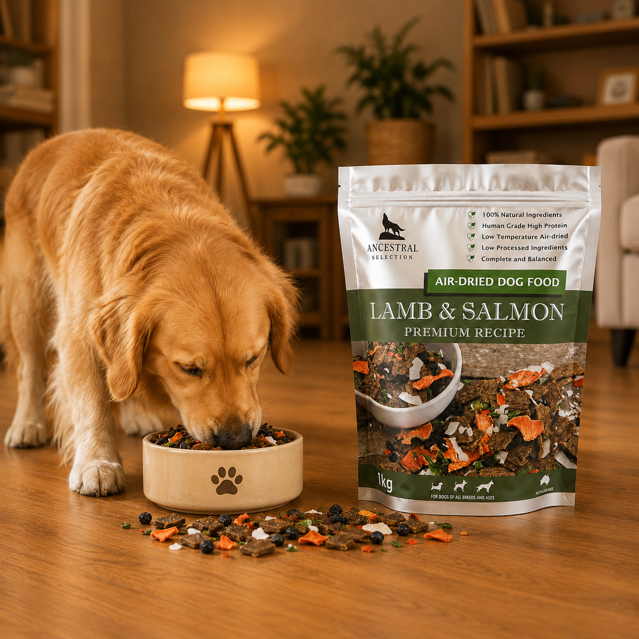 Golden retriever happily eating Lamb & Atlantic Salmon Ancestral Premium Recipe air-dried dog food from a bowl