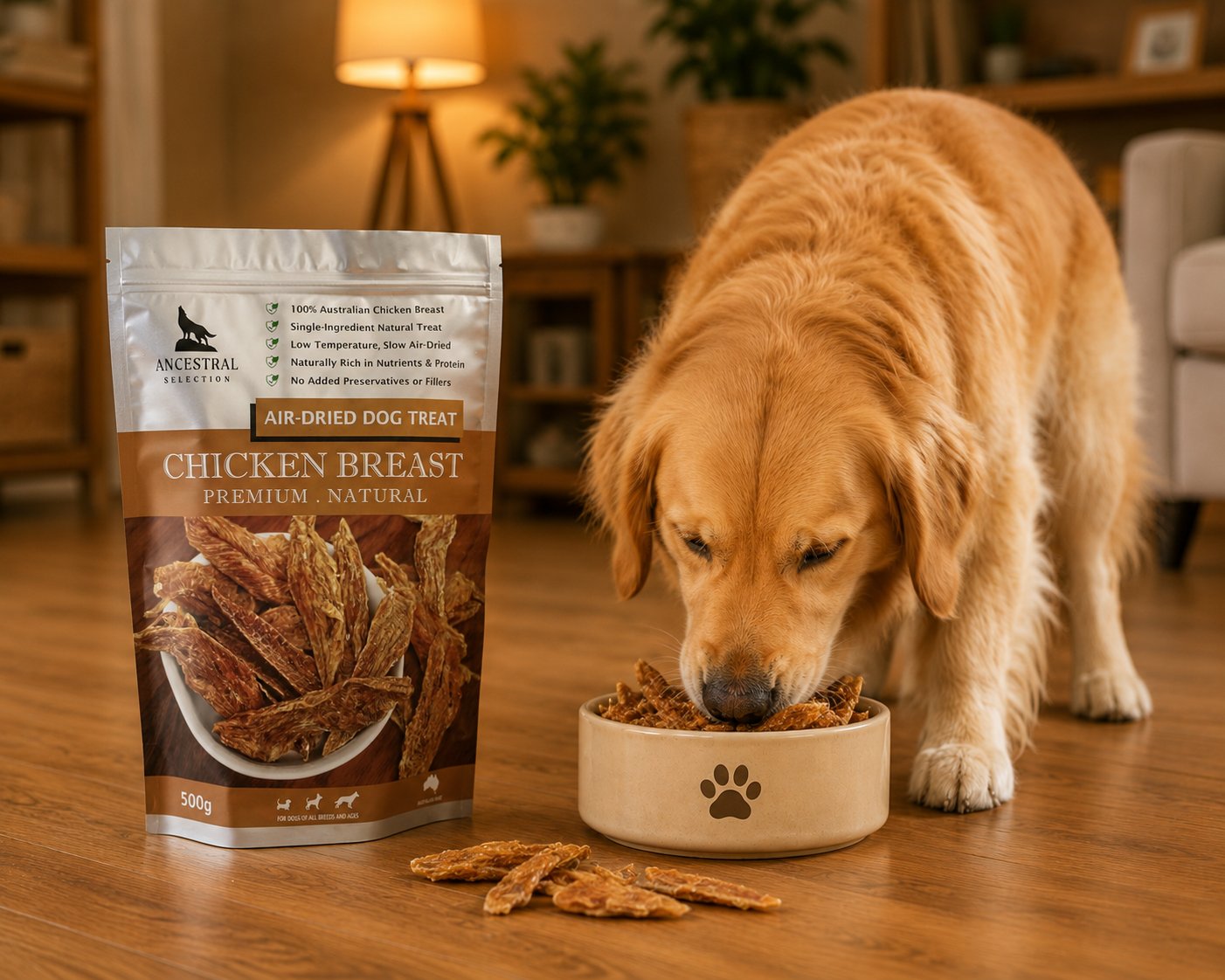 Golden Retriever enjoying Ancestral Selection Chicken Breast treats